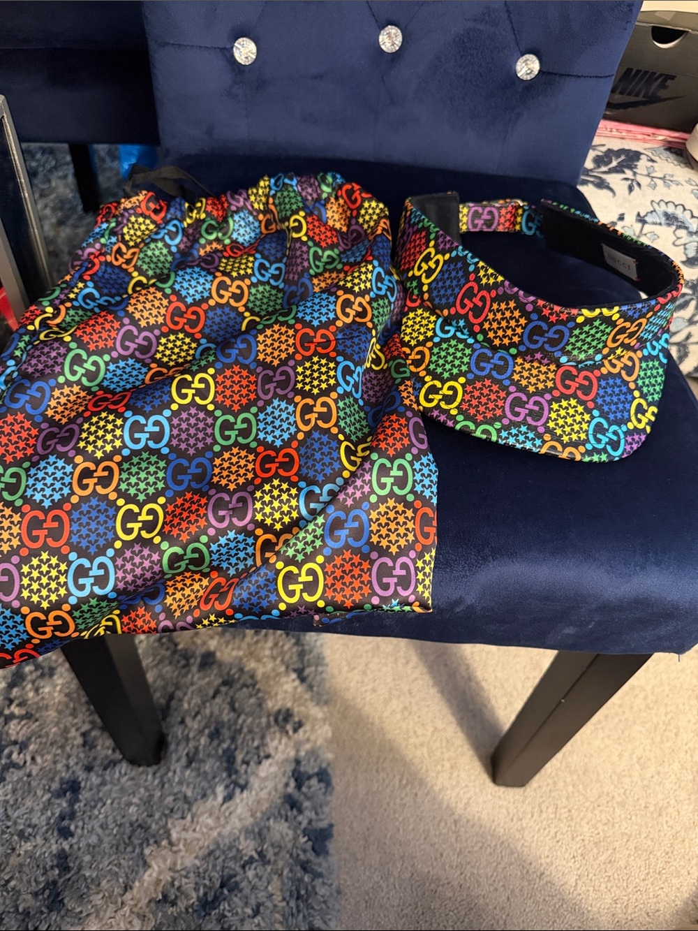 Gucci Rainbow GG Logo Drawstring Pouch & Visor Set